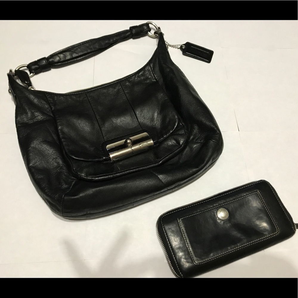 Black and silver coach bag with wallet